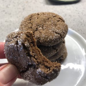 A small stack of ginger snap cookies with one half-eaten cookie being held by a hand.